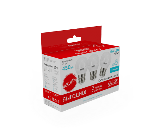 Лампа светодиодная Elementary Шар 6W 4100K E27 (3 лампы в упаковке) LED 1/40  53226T  Gauss