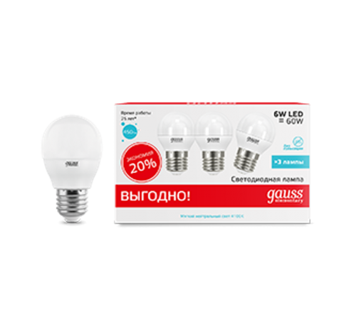 Лампа светодиодная Elementary Шар 6W 4100K E27 (3 лампы в упаковке) LED 1/40  53226T  Gauss