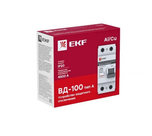 Выключатель дифференциальный (УЗО) ВД-100 2п 63А 30мА (тип А, электронный) PROximа  elcb-2-63-30-e-А-pro  EKF (замена - E1026MA6330)