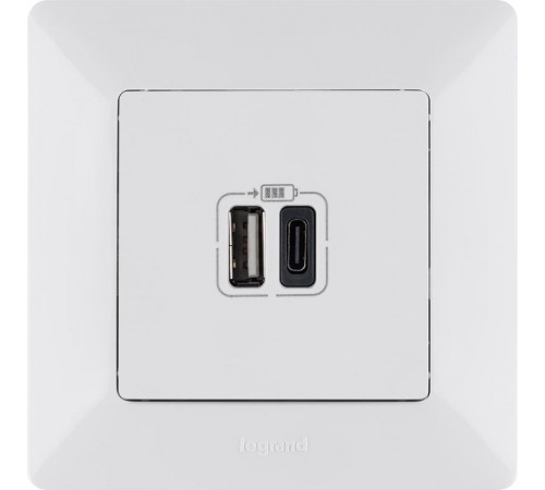 Valena LIFE Белый Зарядное устройство с 2-мя USB-разьемами тип А-тип С 240В/5В 3000мА С лицевой панелью  753106  Legrand