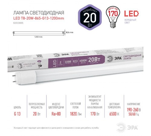 Лампа светодиодная STD LED T8-20W-865-G13-1200mm G13 поворотн 20Вт стекло холодный дневной свет  Б0033005  ЭРА