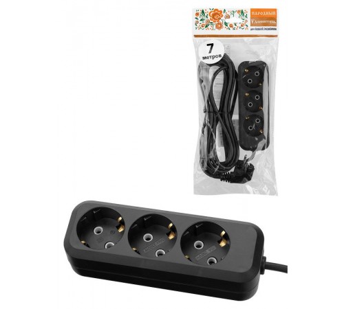 Удлинитель 3 гнезда, 7 метров, с/з, 10 А, 2300 Вт, черный, НАРОДНЫЙ  SQ1303-1053  TDM