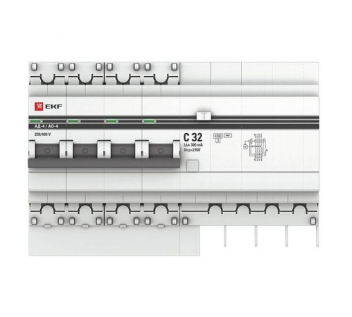 Выключатель автоматический дифференциального тока АД-4 32А/300мА (характеристика C, АС, электронный, защита 270В) 4,5кА PROxima  DA4-32-300-pro  EKF