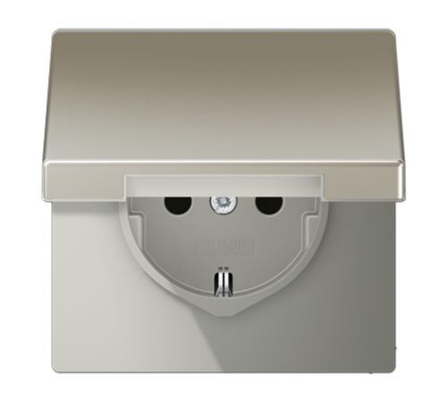 Штепсельная розетка SCHUKO 16А / 250В с защитными шторками, с подпружиненной откидной крышкой, пружинные зажимы, возможно IP44; металл; нержавеющая ст