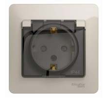 Glossa Молочный Розетка с заземлением со шторками с крышкой IP44 (в сборе)  GSL000948  SE
