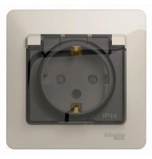 Glossa Молочный Розетка с заземлением со шторками с крышкой IP44 (в сборе)  GSL000948  SE