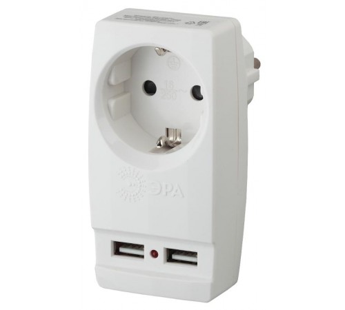 Адаптер SP-1e-USB-W "Polynom" 1гн 220V + 2xUSB 2100mA, c заземл, (белый) (10/60/1440)  Б0026332  ЭРА