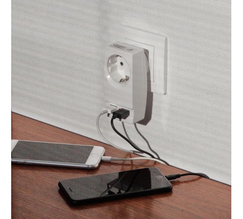 Адаптер SP-1e-USB-W "Polynom" 1гн 220V + 2xUSB 2100mA, c заземл, (белый) (10/60/1440)  Б0026332  ЭРА