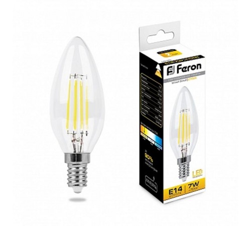Лампа светодиодная LB-66 (7W) 230V E14 2700K филамент C35 прозрачная  25726  FERON