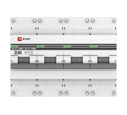 Выключатель автоматический четырехполюсный 4P 80А (D) 10kA ВА 47-100M с электромагнитным расцепителем PROxima  mcb47100m-4-80D-pro  EKF