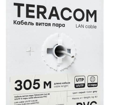 Кабель витая пара TERACOM Cat.5E U/UTP 4 пары solid оболочка PVC цвет серый (упак. 305м)  TRC-5EUTP-04PVC-GY-IN3  EKF