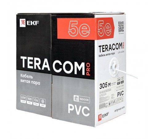 Кабель витая пара TERACOM Cat.5E U/UTP 4 пары solid оболочка PVC цвет серый (упак. 305м)  TRC-5EUTP-04PVC-GY-IN3  EKF