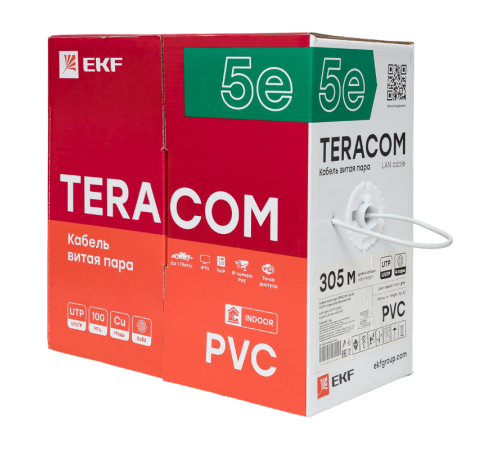 Кабель витая пара TERACOM Cat.5E U/UTP 4 пары solid оболочка PVC цвет серый (упак. 305м)  TRC-5EUTP-04PVC-GY-IN3  EKF