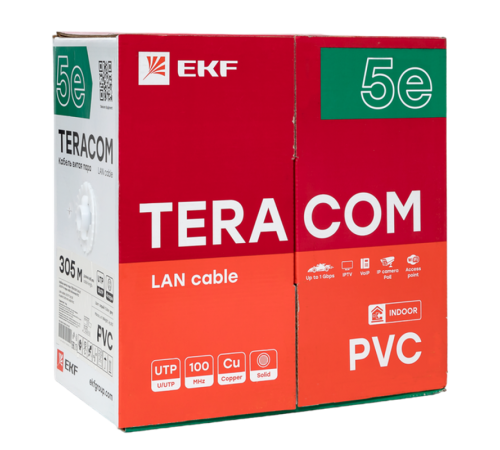 Кабель витая пара TERACOM Cat.5E U/UTP 4 пары solid оболочка PVC цвет серый (упак. 305м)  TRC-5EUTP-04PVC-GY-IN3  EKF