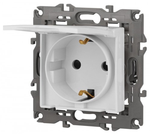 14-2103-01 Розетка с заземлением со шторками с крышкой, 16A-250В, IP20, Эра Elegance, белый  Б0034278  ЭРА