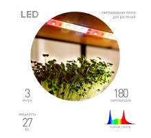 Светодиодная лента для растений  FITO-Strip Light-Rа90-27W-3m-12V-IP65 полного спектра 3м IP65 с адаптером 12V  Б0064597  ЭРА