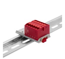 Блок распределительный с верт. адапт. на рейки шириной 15/35мм, зажим push-in, 12 точки подкл. 2,5 кв.мм, красный  DTP1-012-04SPUR-V  DKC