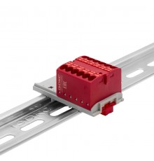 Блок распределительный с верт. адапт. на рейки шириной 15/35мм, зажим push-in, 12 точки подкл. 2,5 кв.мм, красный  DTP1-012-04SPUR-V  DKC