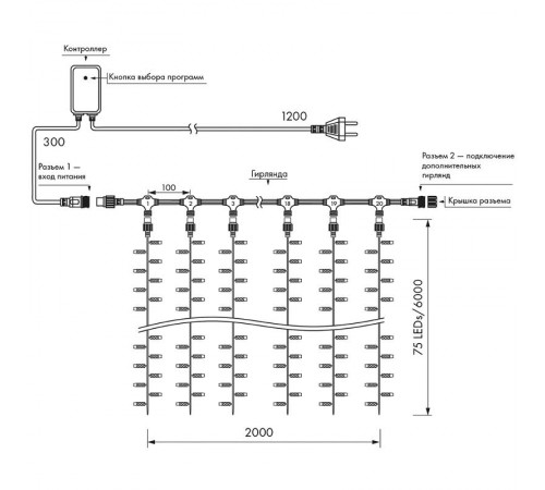 Светодиодная гирлянда ARD-CURTAIN-CLASSIC-2000x6000-CLEAR-1500LED White (230V, 60W)  024870  Arlight