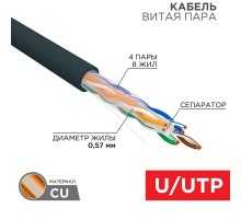 Кабель витая пара U/UTP, CAT 6, PE, 4PR, 23AWG, OUTDOOR, SOLID, черный, 305м REXANT  01-0058  REXANT