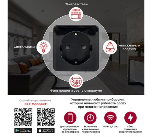 Розетка умная Wi-Fi PRO черн. HomeConnect  RCS-2-WF  EKF