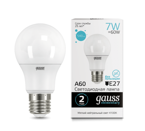 Лампа светодиодная LED 7Вт E27 220В 4100К Elementary A60  23227A  Gauss