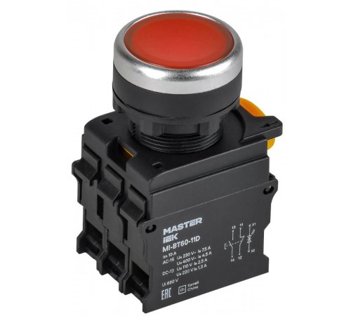 Кнопка с подсветкой d=22мм 1NO+1NC красная MASTER  MI-BT60-11D-3-12-K04  IEK