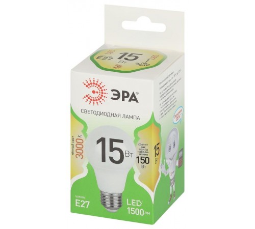 Лампа светодиодная  GREEN LINE LED A60-15W-830-E27 GL E27 15 Вт груша теплый свет  Б0067112  ЭРА