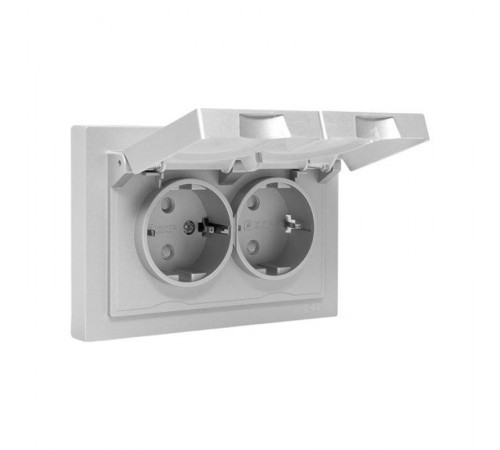Механизм розетки двойной, 16А, IP44, с заземлением, со шторками, с рамкой, с крышками, алюминий Эпика EKF  UP1-SOA-211-44  EKF