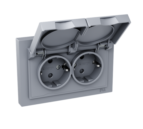 Механизм розетки двойной, 16А, IP44, с заземлением, со шторками, с рамкой, с крышками, алюминий Эпика EKF  UP1-SOA-211-44  EKF