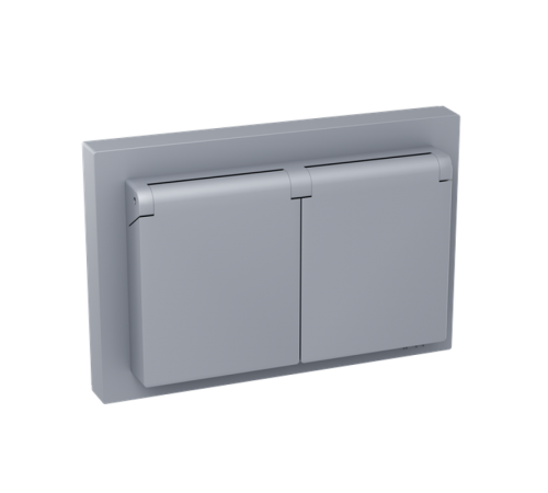 Механизм розетки двойной, 16А, IP44, с заземлением, со шторками, с рамкой, с крышками, алюминий Эпика EKF  UP1-SOA-211-44  EKF