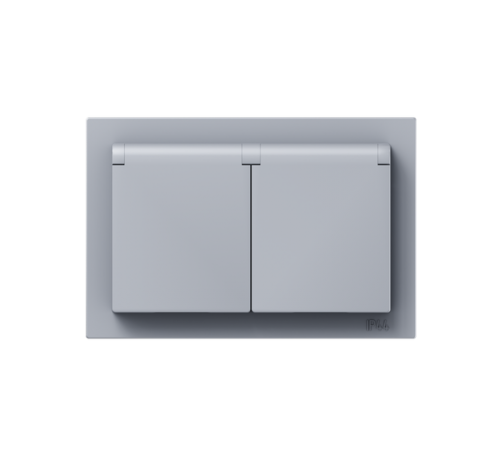 Механизм розетки двойной, 16А, IP44, с заземлением, со шторками, с рамкой, с крышками, алюминий Эпика EKF  UP1-SOA-211-44  EKF