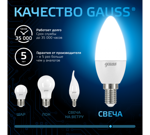 Лампа светодиодная Свеча 6.5W 550lm 6500К E14 LED 1/10/100  103101307  Gauss