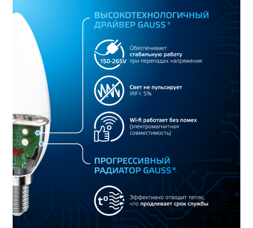 Лампа светодиодная Свеча 6.5W 550lm 6500К E14 LED 1/10/100  103101307  Gauss
