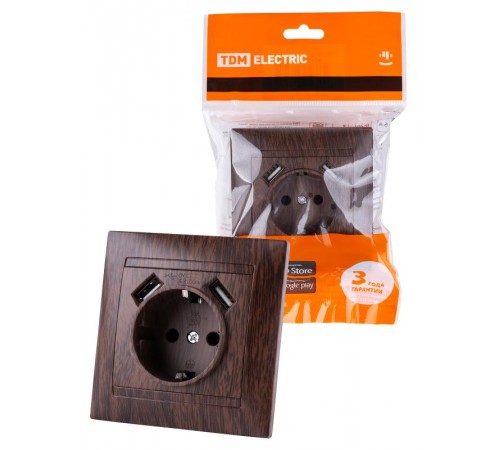 Розетка 2П+З 16А 250В + 2 USB порта 2,1А 5В венге "Лама"  SQ1815-0442  TDM