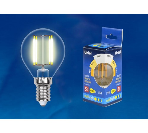 Лампа светодиодная LED-G45-5W/WW/E14/CL/MB GLM10TR LED. "шар", прозр Серия Multibright. 3000K 100-50-10 .  UL-00002369  Uniel