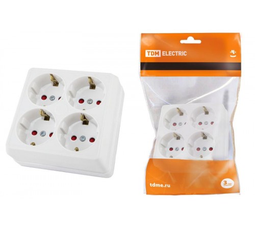 Розетка четырехместная 2П+3 открытой установки IP20 16A с защитными шторками белая "Ладога"  SQ1801-0123  TDM