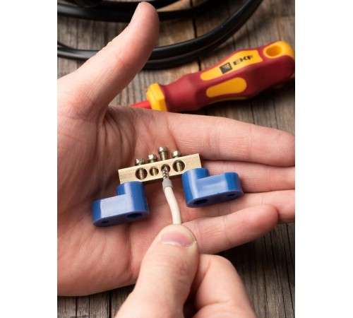 Шина "0" N (6х9мм) 4 отверстия латунь 2 синих угловых изолятора EKF PROxima  sn0-2-63-04  EKF