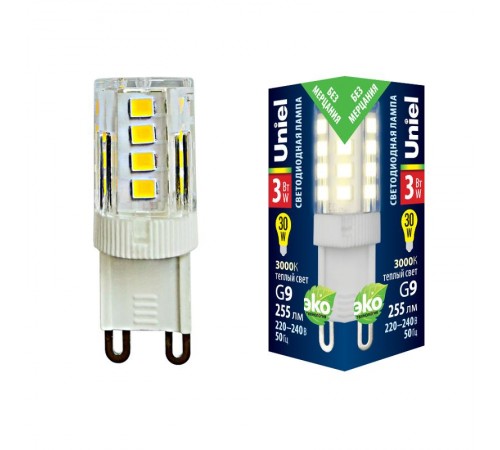 Лампа светодиодная LED-JCD-3W/3000K/G9/CL GLZ09TR LED, прозр 3000К  UL-00006746  Uniel