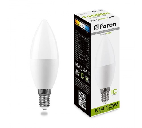 Лампа светодиодная, (13W) 230V E14 4000K С37, LB-970  38108  FERON