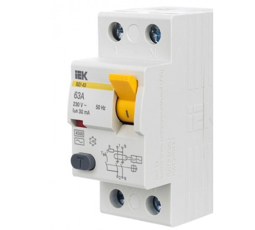 Выключатель дифференциальный (УЗО) ВД1-63 2п 63А 30мА тип AC  MDV10-2-063-030  IEK