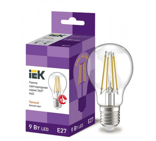 Лампа светодиодная A60 груша прозрачная 9Вт 230В 3000К E27 серия 360°  LLF-A60-9-230-30-E27-CL  IEK