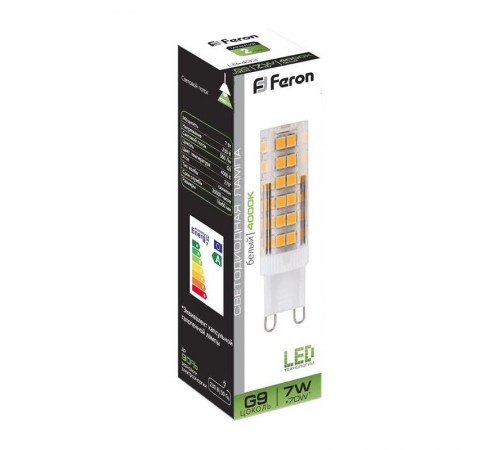 Лампа светодиодная LB-433 (7W) 230V G9 4000K 16x60mm  25767  FERON