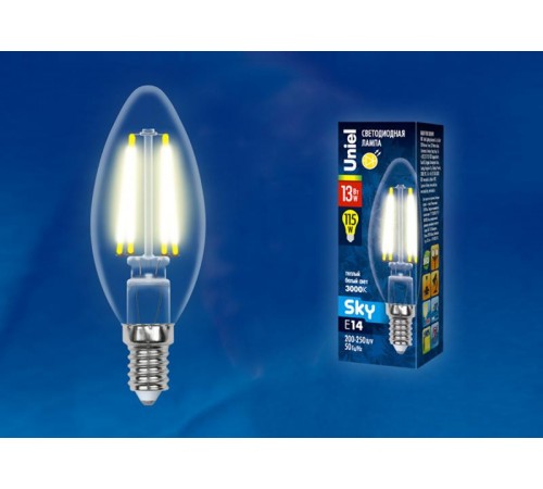 Лампа светодиодная LED-C35-13W/3000K/E14/CL PLS02WH LED. "свеча", прозр. Серия Sky. 3000К .  UL-00005899  Uniel