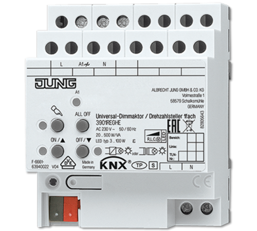 Универсальный LED диммер / регулятор оборотов, 1 группа, монтаж на DIN-рейку, 4 модуля; KNX  3901REGHE  Jung