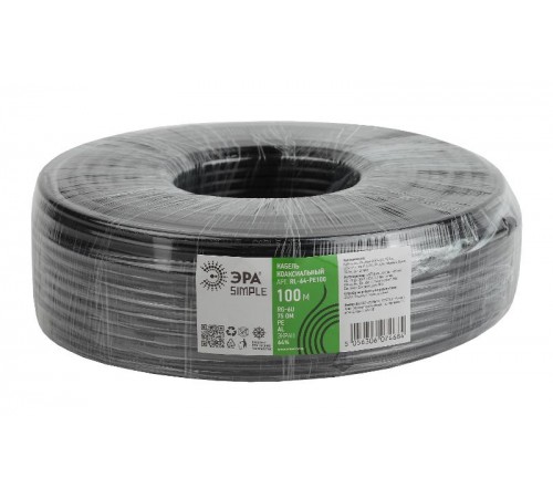 ЭРА Кабель коаксиальный RG-6U, 75 Ом, CCS/(оплётка Al 64%), PE, цвет чёрный, бухта 100 м, SIMPLE  Б0044601  ЭРА