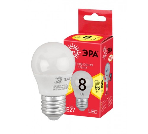 Лампа cветодиодная ECO LED P45-8W-827-E27 (диод, шар, 8Вт, тепл, E27) (10/100/3600)  Б0030024  ЭРА