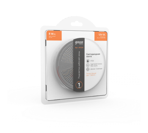 Лента светодиодная Basic LED 5050/60 12V 8W/m 900lm/m 3000K 10mm IP20 5m 1/100  BT024  Gauss