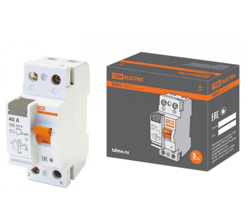 Выключатель дифференциальный (УЗО) ВД63 2п 40А 30мА тип AC (электронный)  SQ0220-0004  TDM