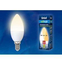 Лампа светодиодная LED-C37-6W/WW/E14/FR/MB PLM11WH LED. "свеча", матовая. Серия Multibright. 3000K 100-50-10 .  UL-00002373  Uniel